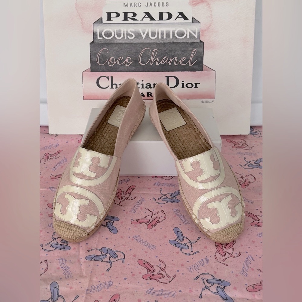 Tory Burch Poppy Espadrille Poppy Leather Canvas Cap Toe Pale Pink Size 9 NWOT - Picture 2 of 12